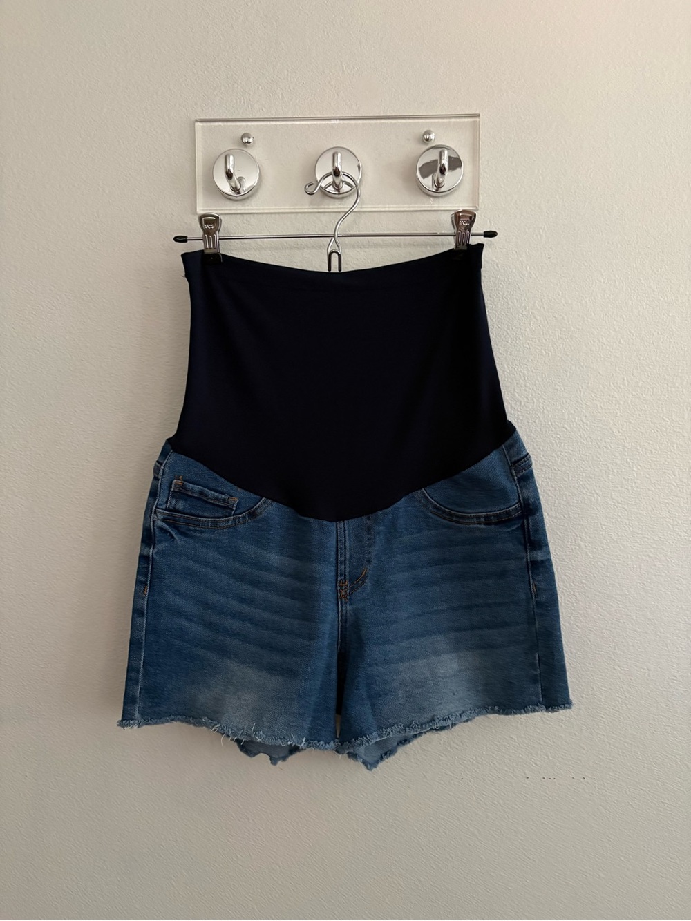 Maternity Denim Shorts with Navy Stretch Panel, Medium